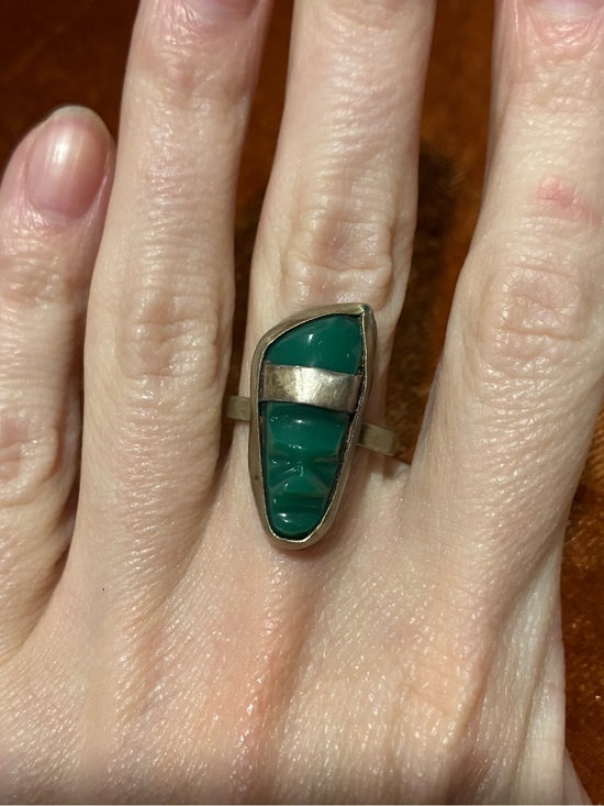 alpaca Jewelry - Vintage Alpaca Mexico Green Glass Abstract Face Ring